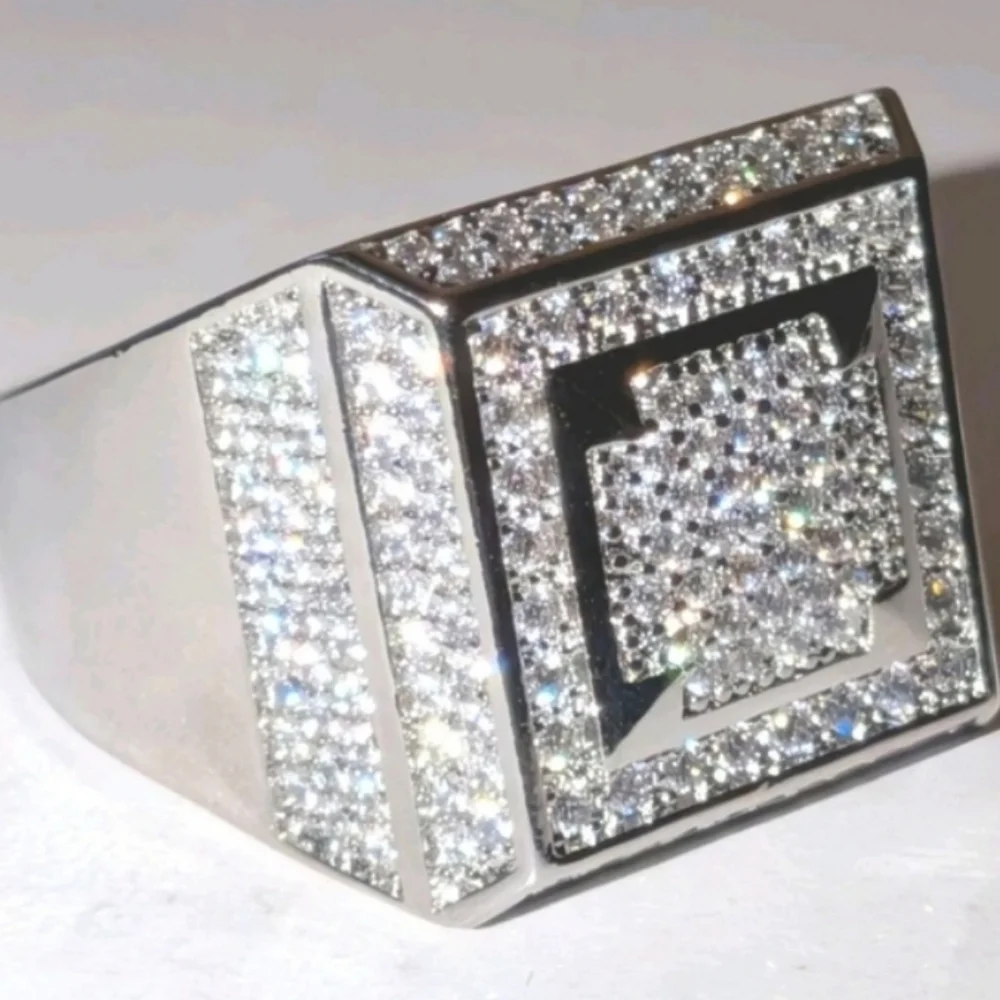 Mens Silver and Black Square Ring Sz 8